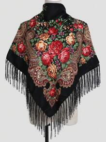 1 件女士涤纶花卉印花波西米亚风格方形围巾带流苏，多用途时尚头巾和披肩配饰女士情人节情人 - 黑色 - 查看 10