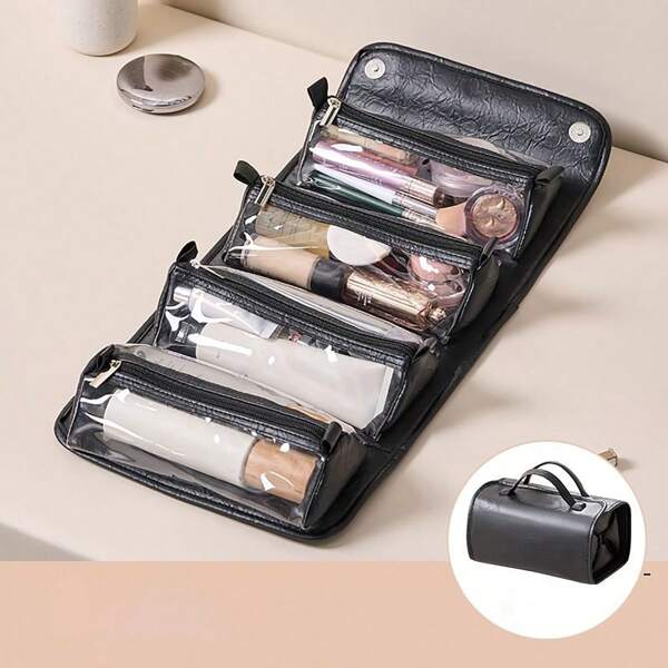 Black Waterproof PU Leather Multifunctional Makeup Bag Fold Large Capacity Portable Travel Cosmetic Bag Toiletries Storage Bag With Handle For Woman Dividers PU Makeup Bag Brush Storage Bag Men Business Wash Bag
