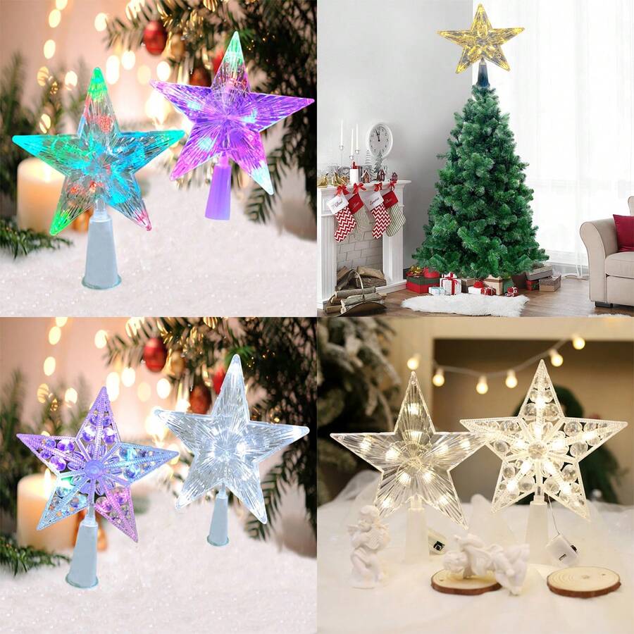 1pc/5.91in cho cây thông Noel cao 1,5cm và 1pc/8.66in cho cây thông Noel cao 1,8m, đèn LED trang trí Giáng sinh, đèn ngôi sao trang trí trên đỉnh cây thông Noel trong suốt, chạy bằng pin, hình ngôi sao 5 cánh, thích hợp cho cây thông, trang trí sân vườn và ngoài trời, đồ trang trí cây thông Noel lấp lánh, đèn dây ngôi sao 5 cánh LED cho sân, trang trí tiệc trong nhà, đồ trang trí Giáng sinh 5 sao - Nhiều màu - Xem 1