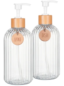 GAONLY 2 件 16 盎司皂液器，带竹泵，可再填充式洗手液器，带垂直条纹，优质浴室皂液器，适用于厨房和浴室。万圣节圣诞节礼物家居浴室装饰秋季装饰返校 - 無色 - 查看 10