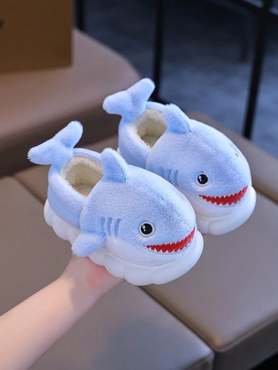 儿童室内拖鞋防滑保暖包趾动物鲨鱼图案设计适合男宝宝 - 淺藍色 - 查看 1