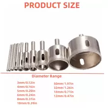 Juego de 10 piezas de brocas de diamante, sierras de orificios redondos revestidos de 3mm-50mm para baldosas, mármol, vidrio, cerámica - Plateado - Ver 10