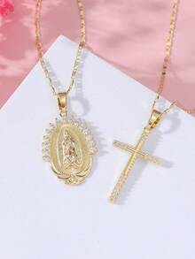 2 件元素套装：铜锆石圣母玛利亚 + 吊坠项链，时尚简约情侣款，适合节日礼物 - 金黃色 - 查看 2