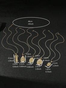 Set de 5 collares con colgantes de Cristo y Virgen María en un surtido de elementos metálicos minimalistas y de estilo hip-hop, adecuados para el atuendo diario y como regalos para fiestas - Amarillo Oro - Ver 4