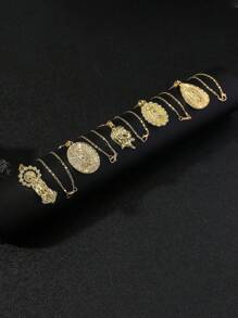 Set de 5 collares con colgantes de Cristo y Virgen María en un surtido de elementos metálicos minimalistas y de estilo hip-hop, adecuados para el atuendo diario y como regalos para fiestas - Amarillo Oro - Ver 5