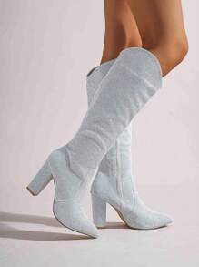 Giày bốt cao gót mũi nhọn thời trang nữ, giày bốt lưới cao đến đùi thanh lịch có khóa kéo bên hông - Bạc - Xem 2