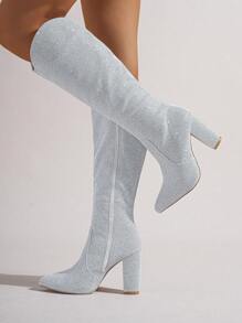 Giày bốt cao gót mũi nhọn thời trang nữ, giày bốt lưới cao đến đùi thanh lịch có khóa kéo bên hông - Bạc - Xem 6