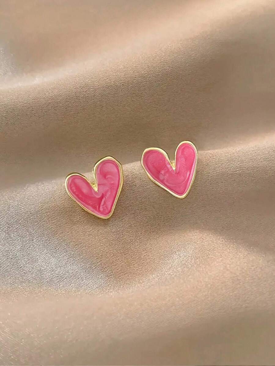 1 Pair Retro Sweet Delicate Asymmetrical Heart Design Minimal Daily Wear Earrings, Ideal Gift For Women, Autumn/Winter Valentines,Mom,Mother,Mother's Day,Gift - Pink - View 1