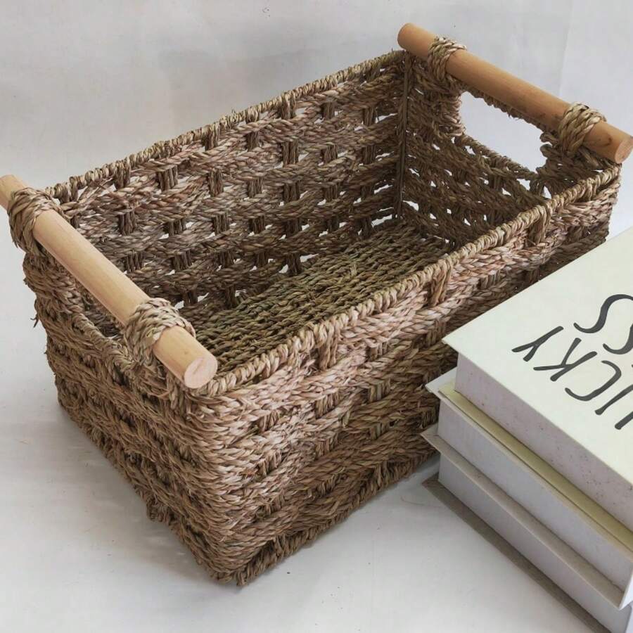 1pc 32*21*18cm Creative New Woven Basket, Water Hyacinth Desk Organizer
