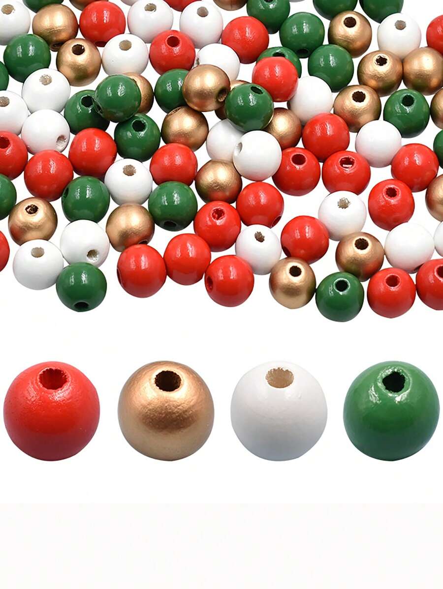 100pcs/Pack 16mm 4-Colored Red, Green, Solid Color Wooden Beads, White & Gold Round Beads For Christmas Farmhouse Home Decor, Polished Spacer Beads With String For DIY Crafts, Wreath & Jewelry Making
