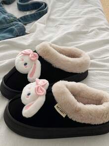 Dép đi trong nhà ấm áp có nơ bằng vải nhung dễ thương cho nữ, dép đi trong nhà đế bằng màu hồng cho nữ, giày mùa đông dép đi trong nhà ngày lễ cho Giáng sinh/Halloween - màu đen - Xem 4