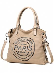 巴黎印花灯芯绒手提包，复古风格，休闲单肩/斜挎设计，配有可拆卸肩带，轻便，拉链开合，涤纶衬里 - 工作和购物的理想选择