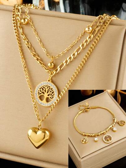 1 Set Collar con colgante de corazón de árbol de la vida con rhinestones + Pulsera, adecuado para ocasiones sociales y uso diario, set de regalo para mujeres