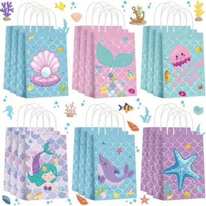 6/12/18/24/30/36/48件美人鱼派对礼品袋美人鱼派对袋带手柄仿珍珠美人鱼礼品袋海底美食礼品包装袋适用于生日派对装饰物品零食礼品包装手提袋