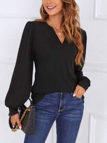 Camisa informal de mujer con mangas farol y cuello en V, adecuada para uso en la oficina en otoño - Negro - Ver 2