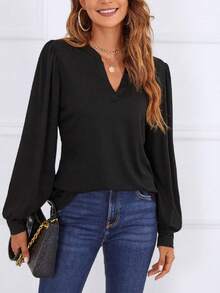 Camisa informal de mujer con mangas farol y cuello en V, adecuada para uso en la oficina en otoño - Negro - Ver 3