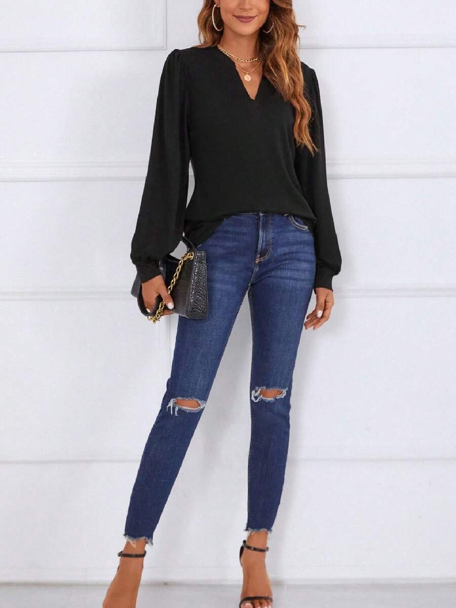 Camisa informal de mujer con mangas farol y cuello en V, adecuada para uso en la oficina en otoño - Negro - Ver 1