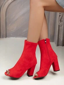 Giày bốt cao gót nhung co giãn mới về, giày bốt đế xuồng hở mũi gợi cảm, giày bốt gót tròn thon dày, thoải mái đa năng - Đỏ - Xem 4