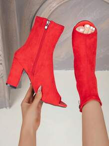 Giày bốt cao gót nhung co giãn mới về, giày bốt đế xuồng hở mũi gợi cảm, giày bốt gót tròn thon dày, thoải mái đa năng - Đỏ - Xem 5