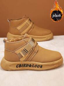 男士雪地靴厚底增高纯色字母防滑耐磨保暖内衬冬季男士保暖靴雪地防水防风按扣设计大黄蜂日常通勤户外皮革拼接时尚潮流 - 卡其色 - 查看 2