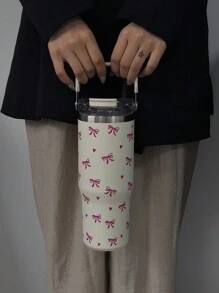 1pc 900ml/33.44oz Heart & Bow Vacuum Insulated Tumbler, Thermos Cup, Large Capacity Water Bottle With Handle & Straw, Dual Drinking Lid, Travel & Outdoor, Gym & Sports, School Supplies, Holiday Gift