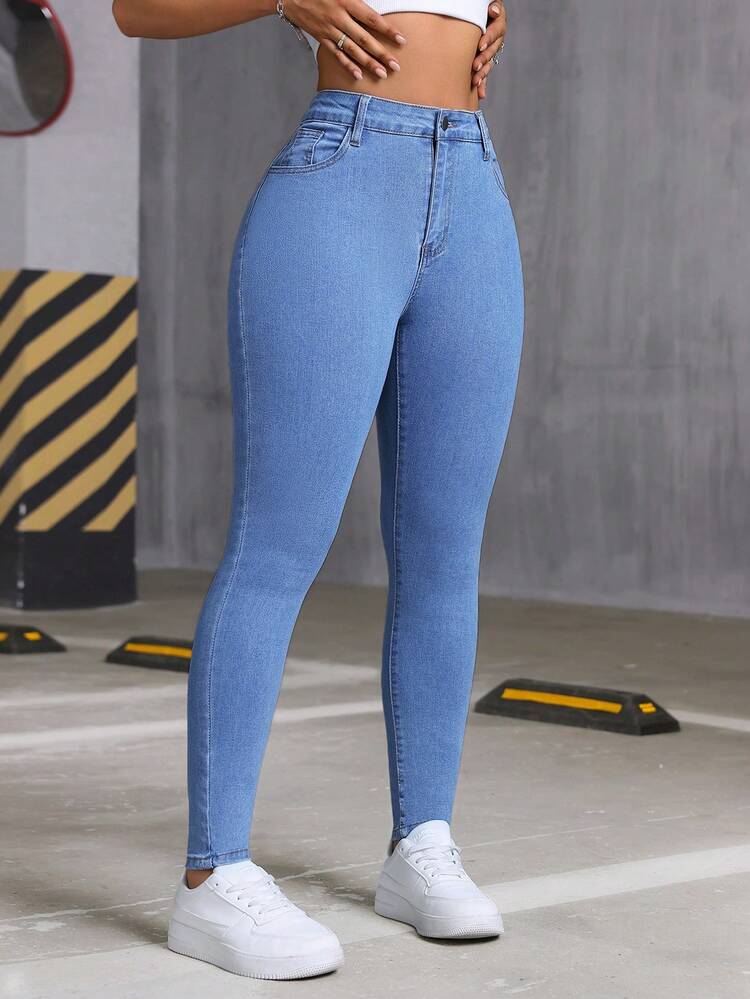 Jeans de mezclilla lavados con ajuste ceñido y elástico para mujer, blusa de verano/nuevos jeans para todas las estaciones, ropa elegante para mujer, adecuada para Año Nuevo y Día de San Valentín. Casual de primavera - Azul - Añade 5