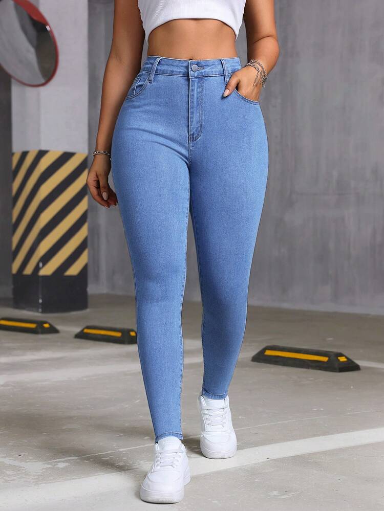 Jeans de mezclilla lavados con ajuste ceñido y elástico para mujer, blusa de verano/nuevos jeans para todas las estaciones, ropa elegante para mujer, adecuada para Año Nuevo y Día de San Valentín. Casual de primavera - Azul - Añade 3