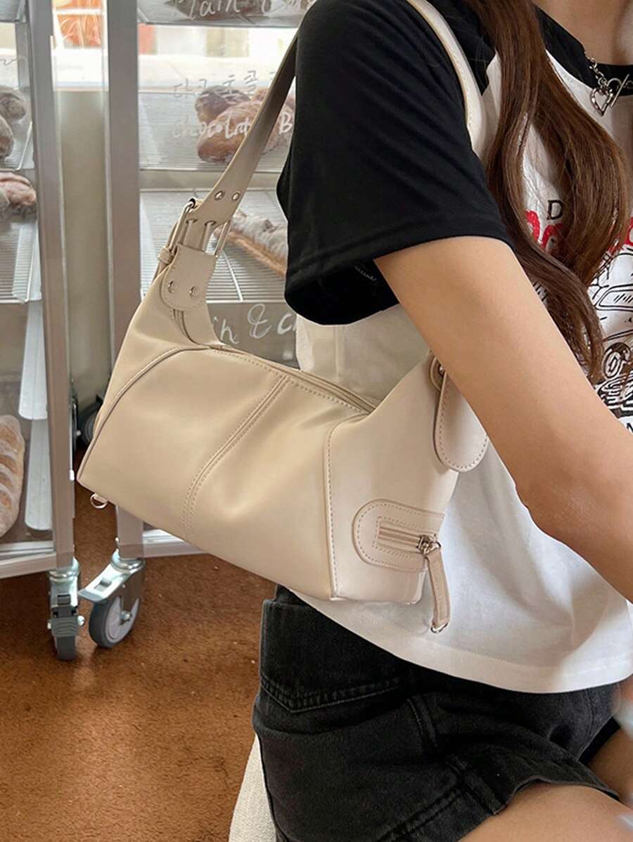 Vintage European And American Style Unique Design Leather Zipper Shoulder Tote Handbag - 米色 - 查看 1