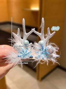 2 件女孩蓝色装饰白色蓬松鹿角发夹 - 彩色 - 查看 3