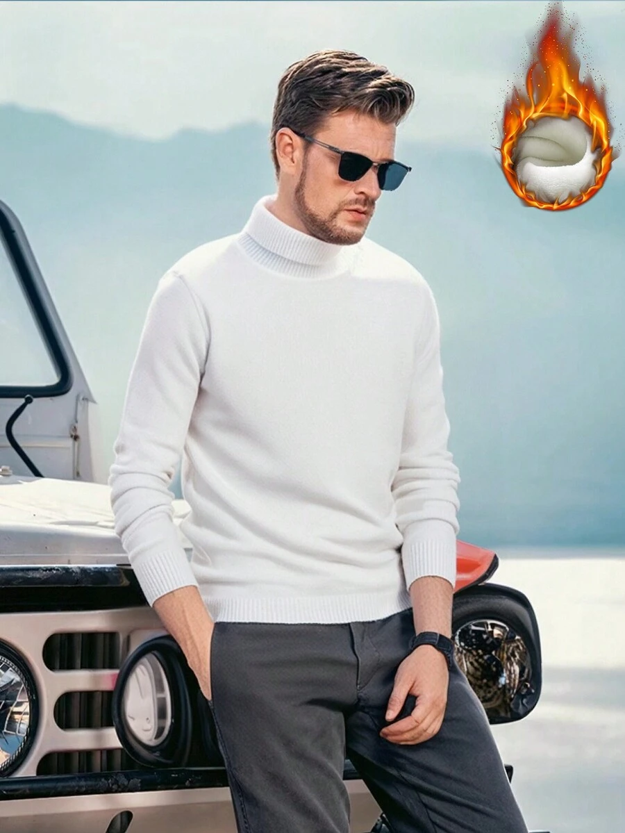 1 件男士加厚保暖内衬高领针织毛衣冬季内层修身舒适亲肤 - 白色 - 查看 1