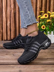 Giày thể thao chạy bộ thoáng khí cho nữ, giày đen trơn, thân trên bằng vải bốn mùa, đệm hỗ trợ ổn định, không in, đế chống trượt hấp thụ sốc, giày thể thao đế mềm đệm khí phù hợp cho học sinh, bà mẹ và đi bộ thoải mái - màu đen - Xem 3