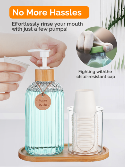 GAONLY Mouthwash Dispenser With Cup Holder, Plastic Mouth Wash Pump Bottle With Tray For Bathroom Organizers, 17oz Refillable Clear Mouthwash Container - Bamboo Halloween Christmas Gift Home Bathroom Decor Fall Decor Back To School