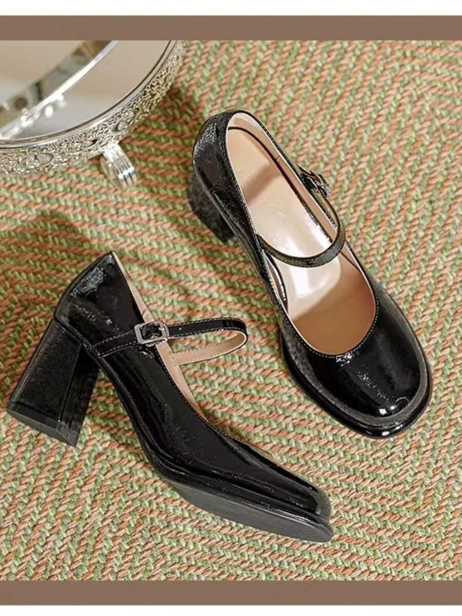 Giày Mary Jane kiểu Pháp cổ điển năm 2026 dành cho nữ, giày cao gót mũi nhọn, gót dày, quai ngang. - màu đen - Xem 1