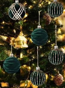 9 piezas Bolas de Navidad verdes con pintura de felpa, Adornos de árbol de Navidad, Bolas de plástico a prueba de roturas para decoración de árbol de Navidad, fiestas, bodas y ventanas - Verde Oscuro - Ver 2