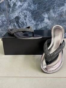 Women's Flat Rhinestone Comfortable Sandal Flip Flops Shiny Fashion Summer Delicate - màu đen - Xem 1