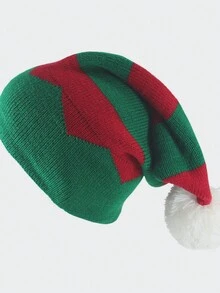 1 件圣诞针织帽，红绿条纹绒球长流苏款式，情侣设计圣诞老人帽子，新款巫师帽冬季圣诞帽男士无檐滑雪帽 - 彩色 - 查看 3