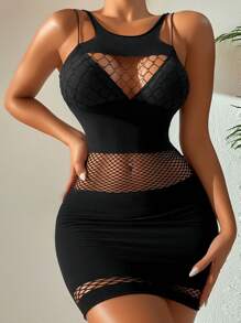 Solid Color Round Neck Hollow Out Bodycon Sleeveless Mini Dress - Black - View 1