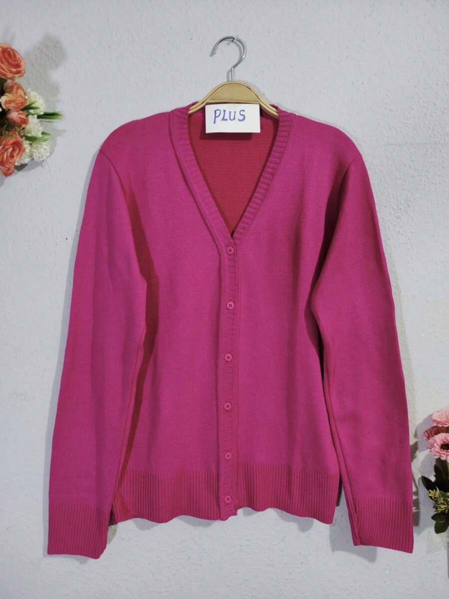 Women's Plus Size Plain Knitted Coat Basic Cardigans With Button Closure - Màu Hồng Tươi - Xem 1