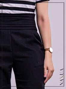 KIT 2 Women's Tailored Trousers, In Linen, With Draped Waistband And Side Cuffs, With Front Pocket - Black - View 10