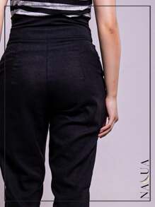 KIT 2 Women's Tailored Trousers, In Linen, With Draped Waistband And Side Cuffs, With Front Pocket - Black - View 7