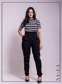 KIT 2 Women's Tailored Trousers, In Linen, With Draped Waistband And Side Cuffs, With Front Pocket - Black - View 9