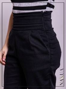 KIT 2 Women's Tailored Trousers, In Linen, With Draped Waistband And Side Cuffs, With Front Pocket - Black - View 8
