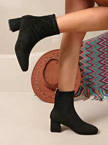 2024 New Suede Thick Heel Short Boots, Square Toe Slim Boots, Women Warm Boots, Mid-Calf