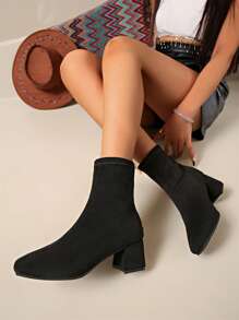 2024 New Suede Thick Heel Short Boots, Square Toe Slim Boots, Women Warm Boots, Mid-Calf