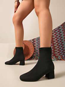 2024 New Suede Thick Heel Short Boots, Square Toe Slim Boots, Women Warm Boots, Mid-Calf