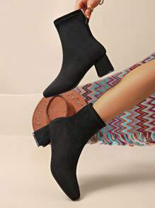 2024 New Suede Thick Heel Short Boots, Square Toe Slim Boots, Women Warm Boots, Mid-Calf