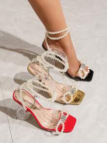 Women's Pearl & Bow Crystal Decor Open Toe Transparent High Heel Sandals, Stylish Spring/Summer