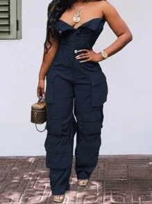 Chicsale Solid Color Casual Overalls Jumpsuit, Sexy Straight Tube Tube Top Long Jumpsuit, With Pockets, Women's Wear