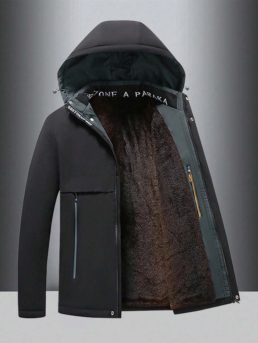 Men's Winter Padded Jacket With Removable Hood, Warm Stand Collar