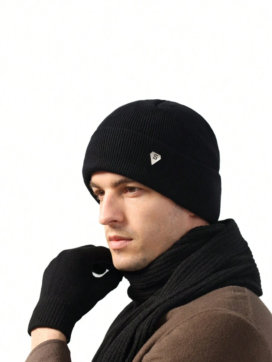 1 Mũ Nam Mùa Thu Đông Mới Mũ Len Ấm Áp Chu Vi Đầu Lớn Mũ Dệt Kim Có Khăn Trùm Đầu Bằng Nhung Mũ Lạnh Cho Nam - Mũ + khăn quàng cổ logo chữ S hình tam giác - Xem 1